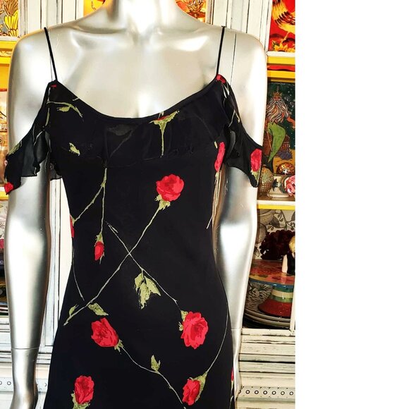 Vintage Betsey Johnson New York 90s Black Floral Red Rose Milkmaid Slip Dress S - Picture 4 of 15